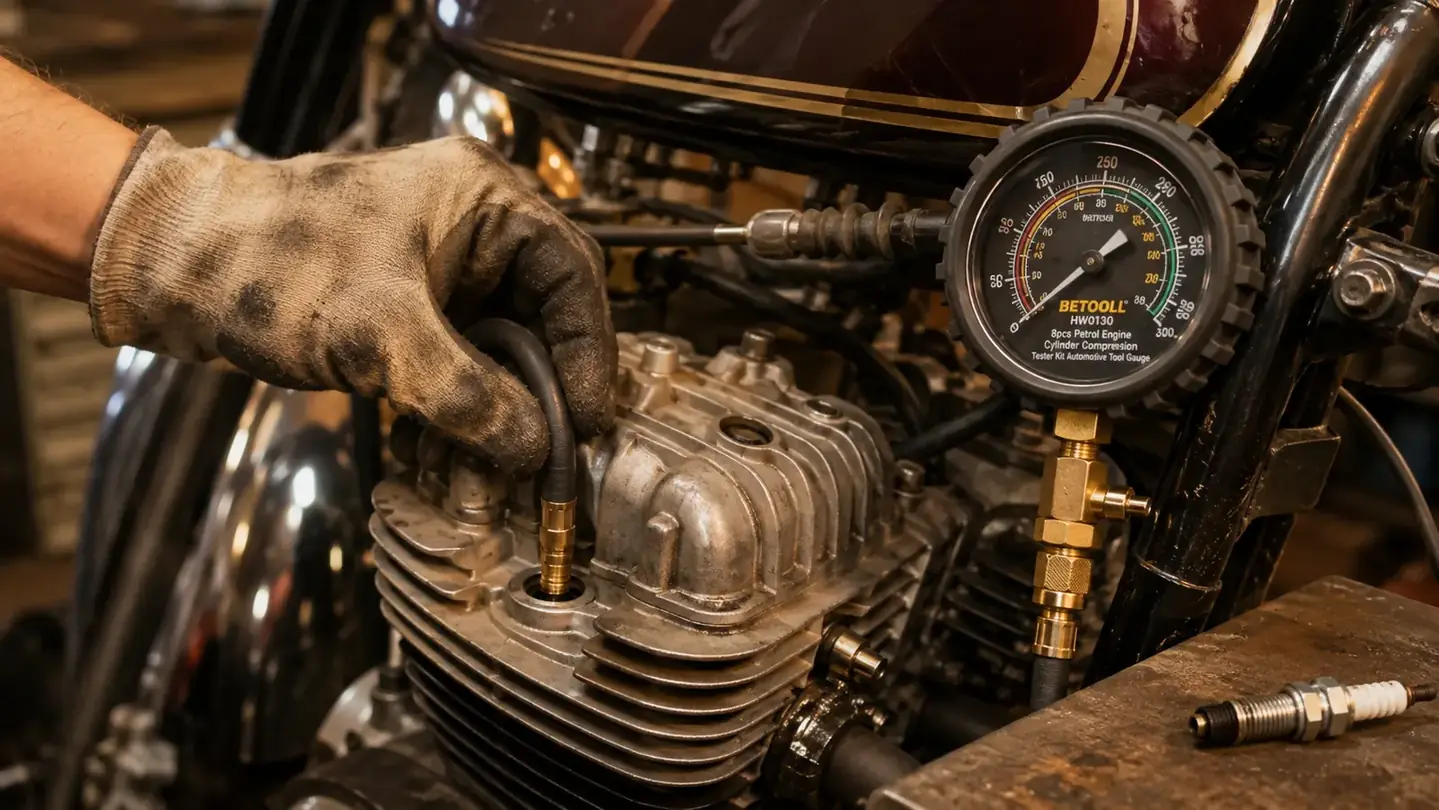 A gloved hand threading the compression gauge hose into the spark plug hole of a motorcycle engine cylinder head, the plug on the bench beside it