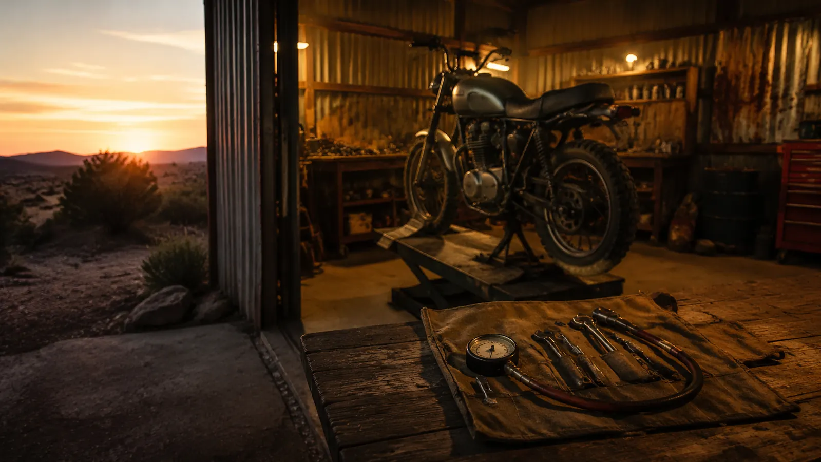 An open shed doorway at dusk with a motorcycle on a lift and a compression gauge and tool roll laid out on a bench in warm light