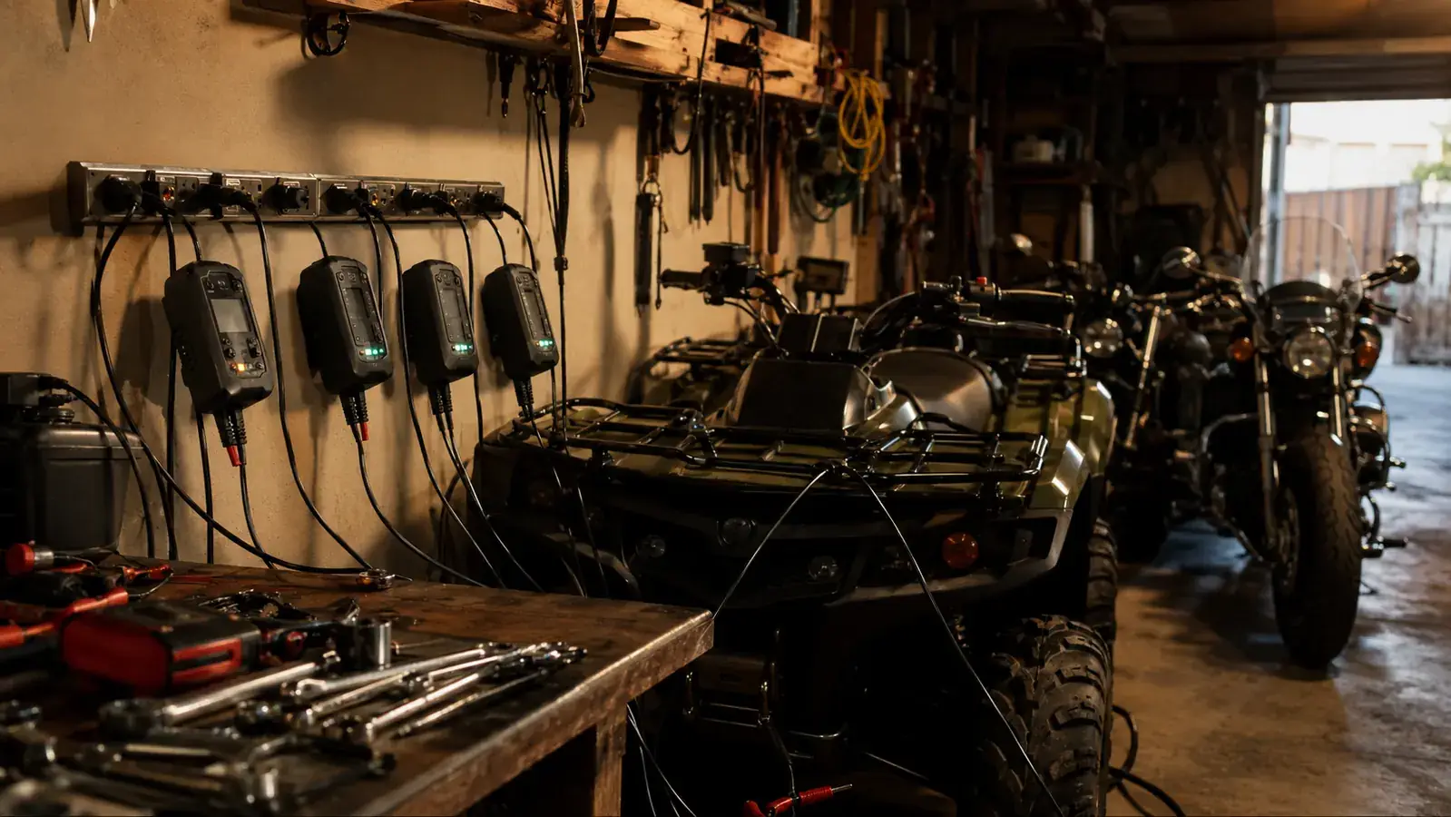A row of small battery maintainers plugged into a wall power strip, each with a cable leading to a stored motorcycle or ATV in the garage