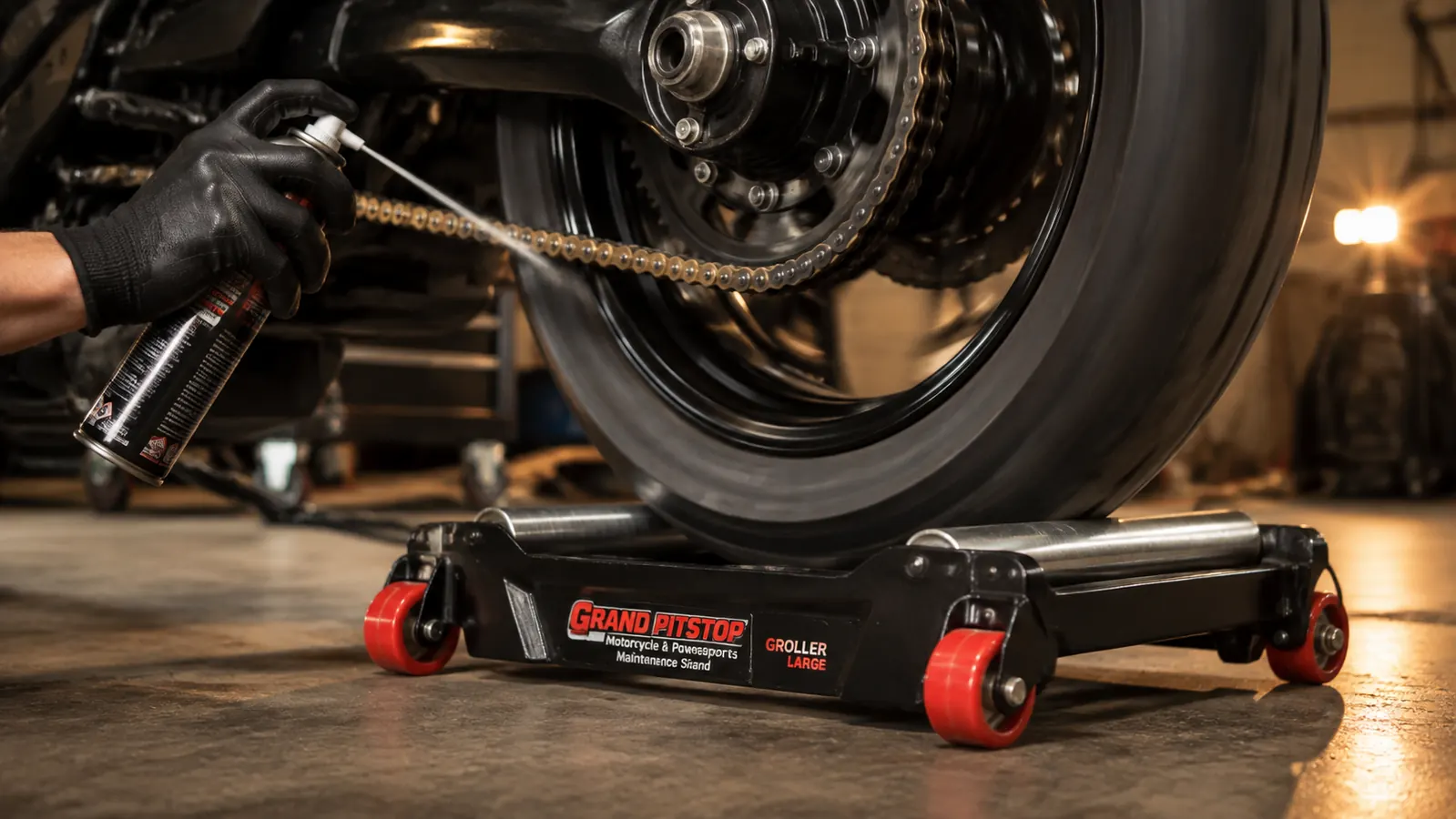 A gloved hand spraying chain lube onto a chain while the rear wheel spins on the stand