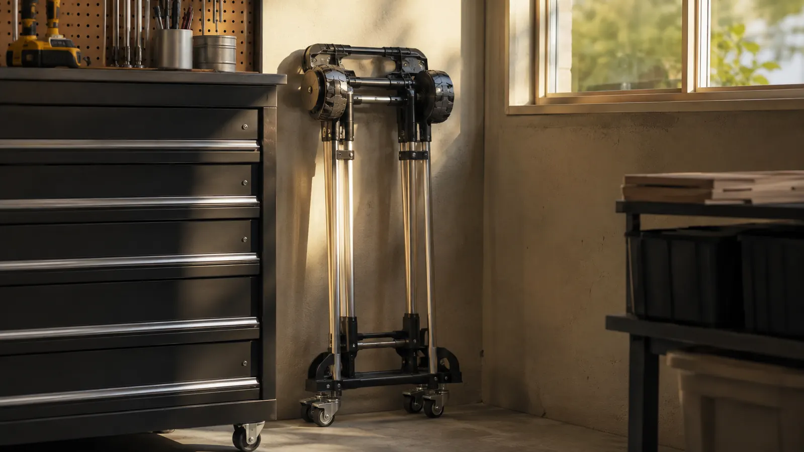 A folded roller maintenance stand leaning against a shop wall next to a toolbox