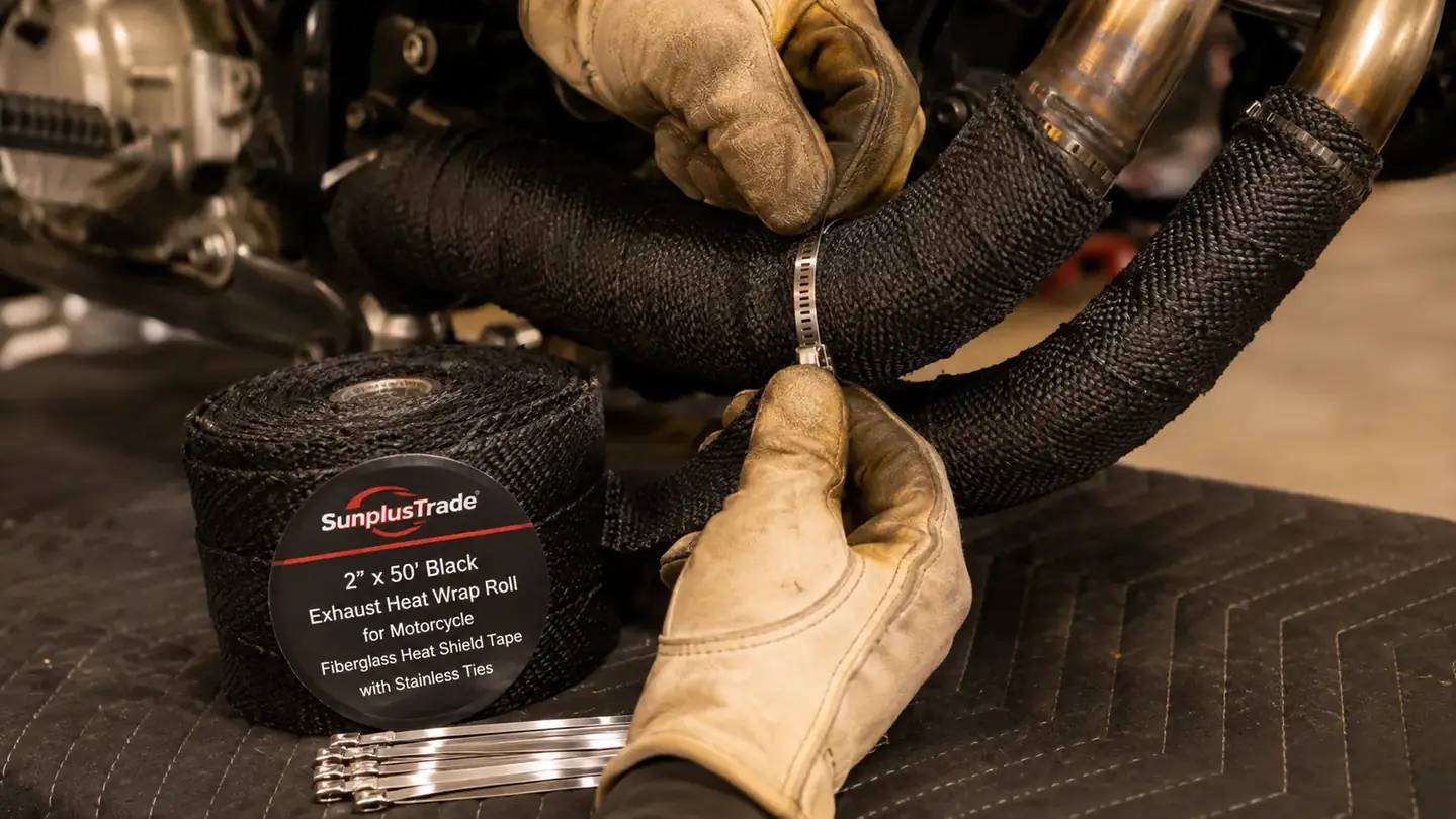 Hands in work gloves pulling black fiberglass wrap tight around a header pipe while a stainless tie is crimped