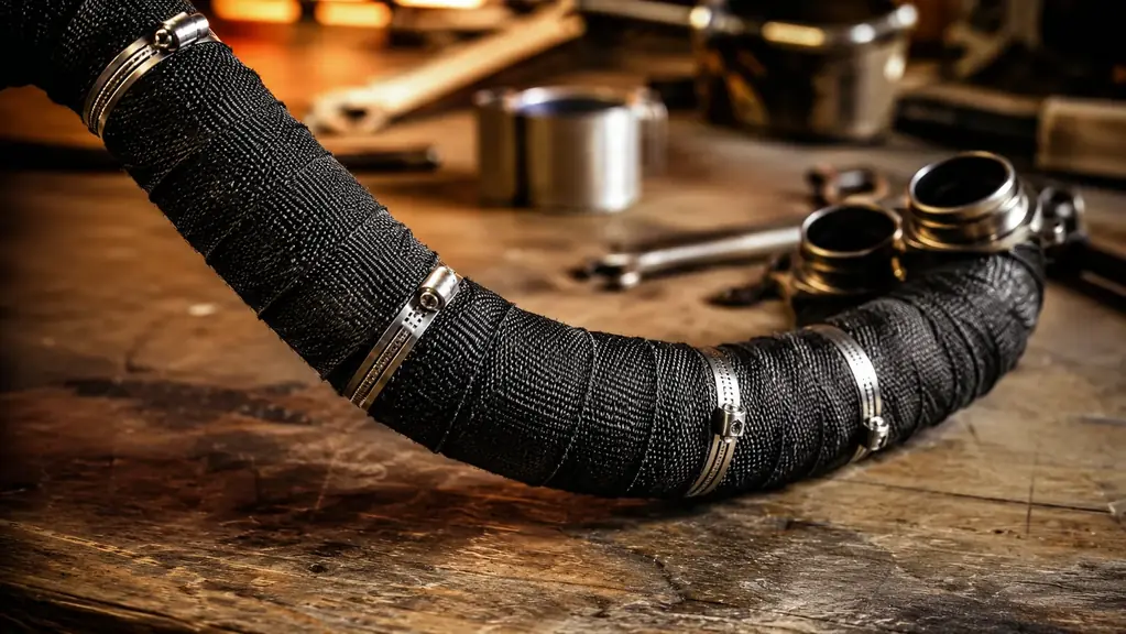 A close view of a motorcycle header pipe wrapped in black heat wrap with stainless steel tie clamps, sitting on a workbench