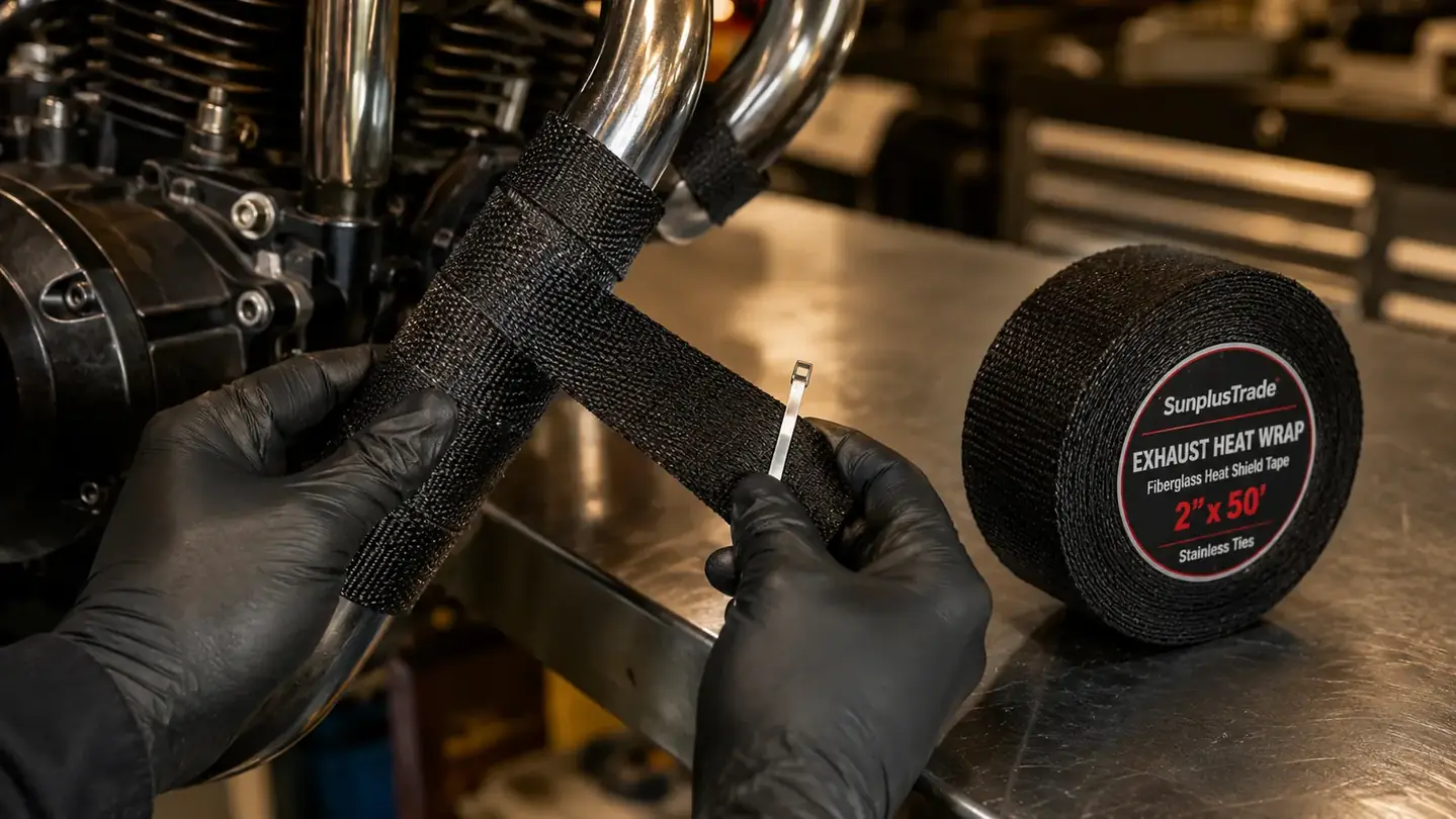 Gloved hands overlapping a strip of black fiberglass exhaust wrap along a chrome header pipe, a stainless tie clamp in one hand