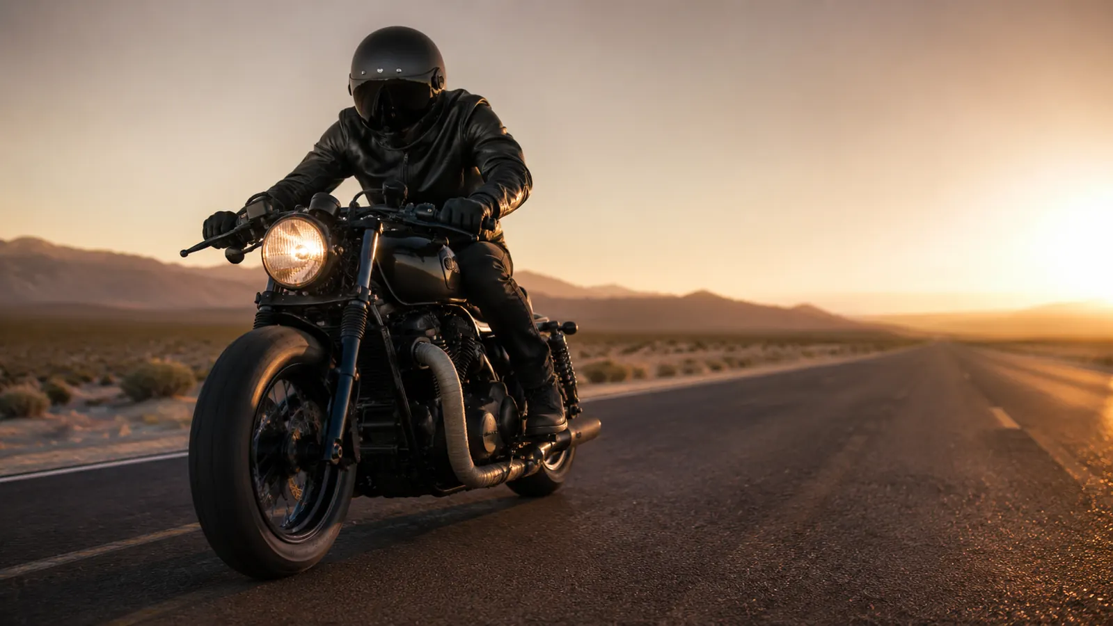 A rider on a motorcycle with a wrapped exhaust on a long open road in late afternoon light, the engine side clearly heat wrapped