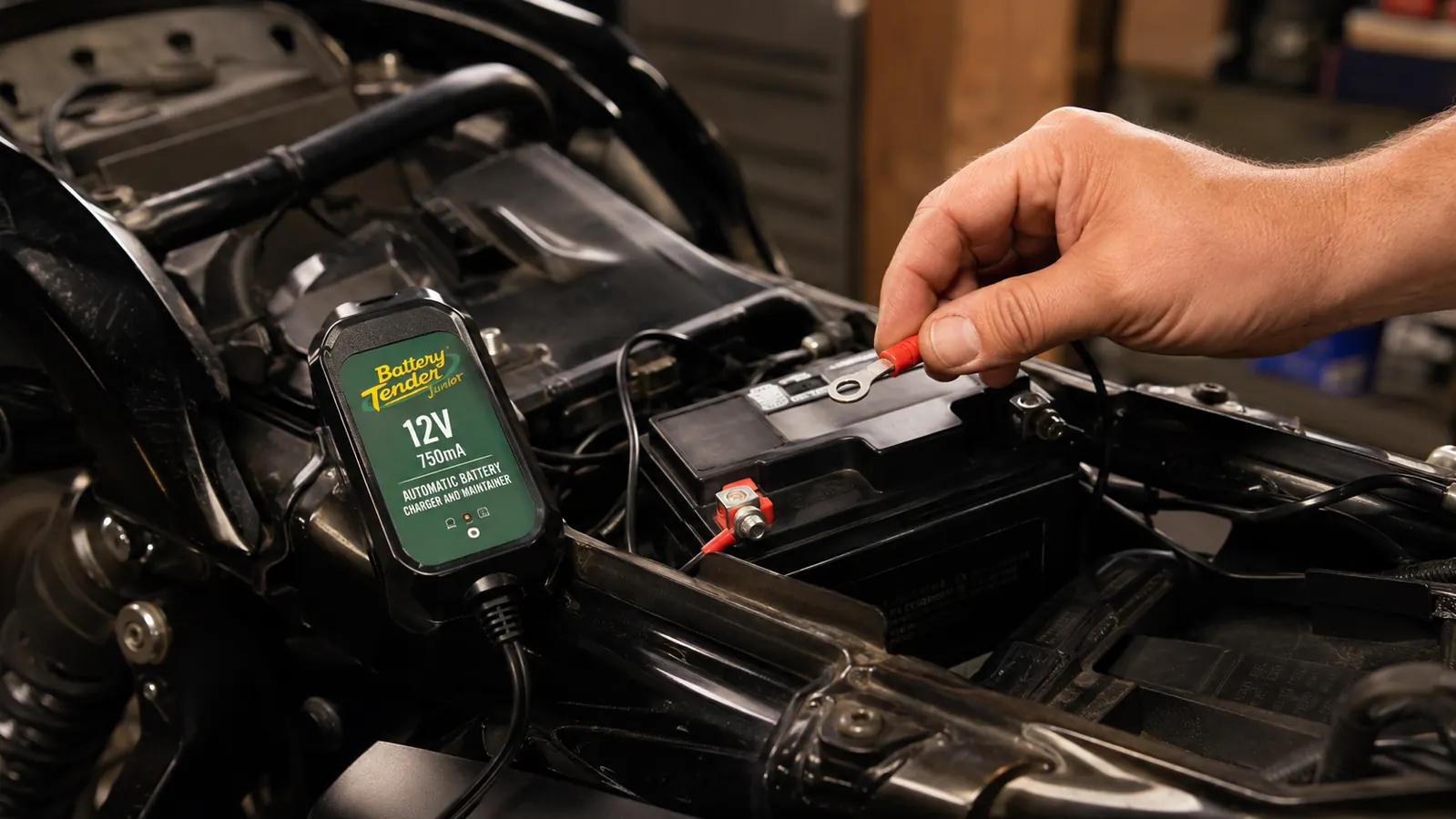A hand clipping a battery maintainer lead onto the positive terminal of a motorcycle battery under the seat