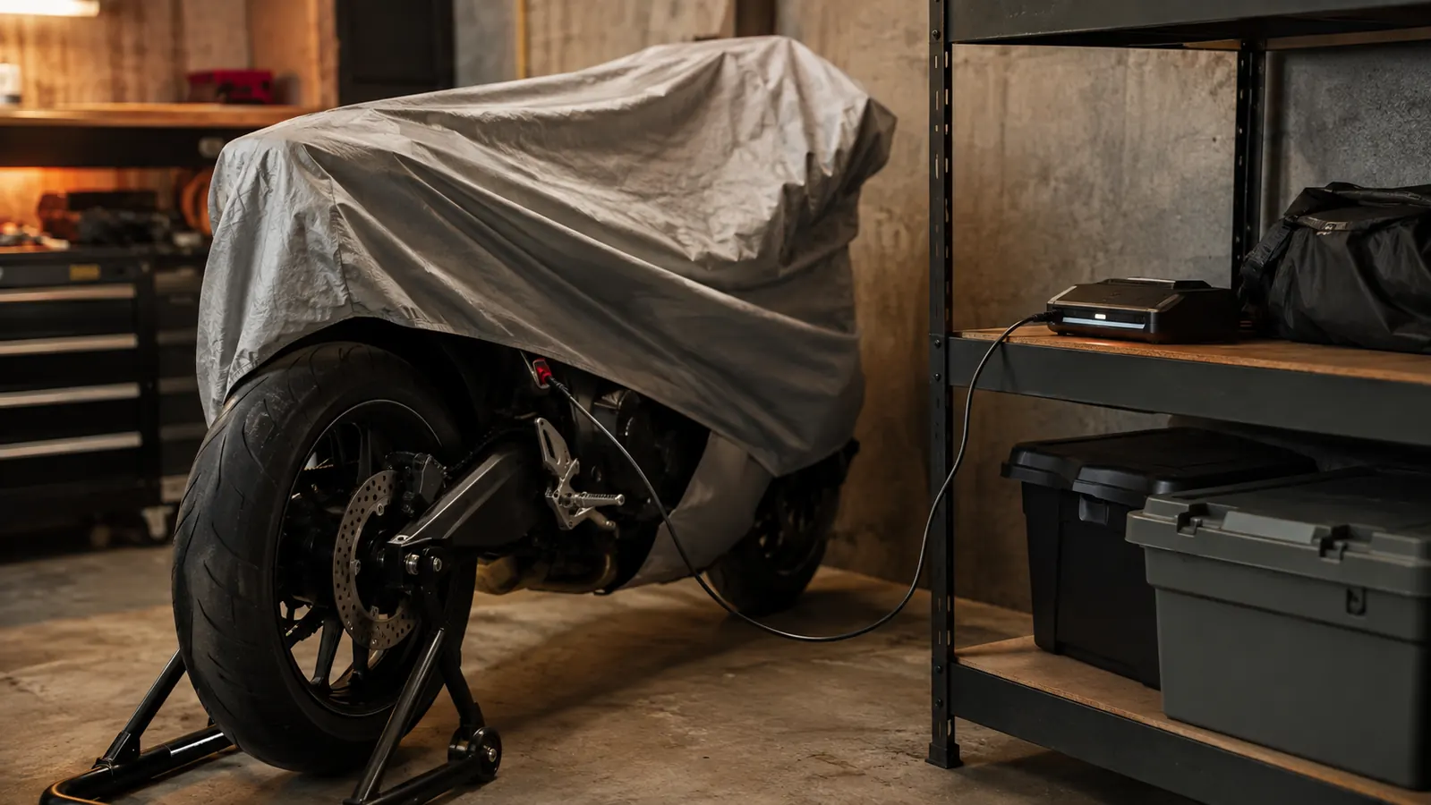 A winter-stored motorcycle under a cover with the charger lead running out to a small battery tender box on a shelf