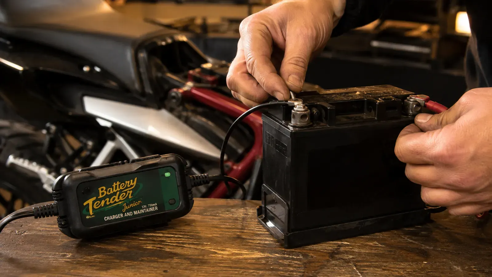 Hands attaching ring-terminal leads from a maintainer to the posts of a motorcycle battery on a bench
