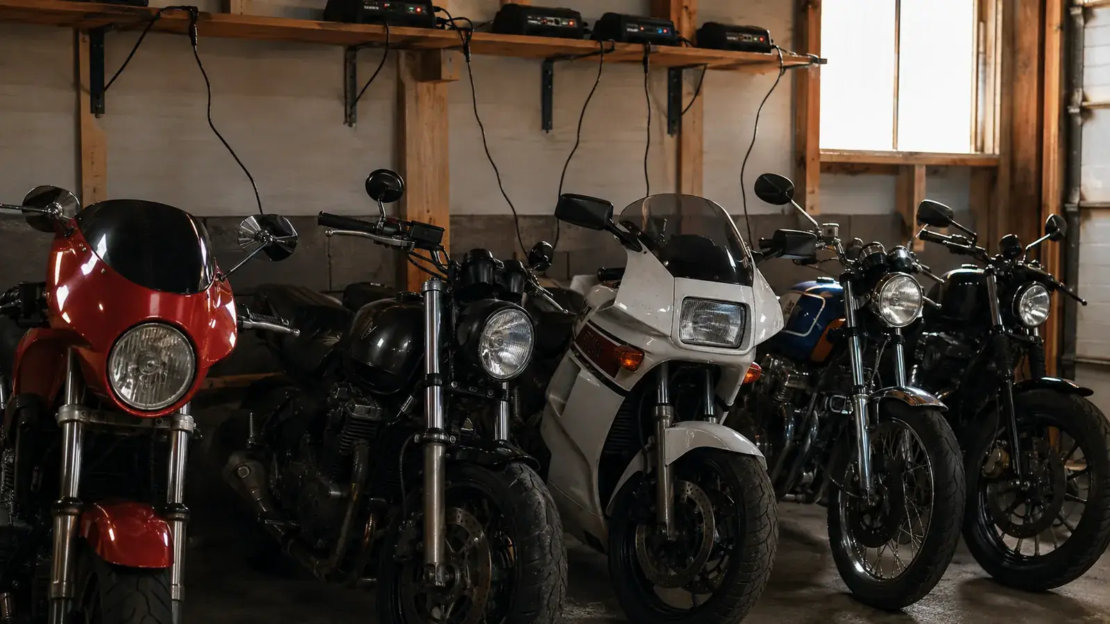 A row of five motorcycles parked along a workshop wall, each with a thin charging lead running to a small maintainer on a shelf above them