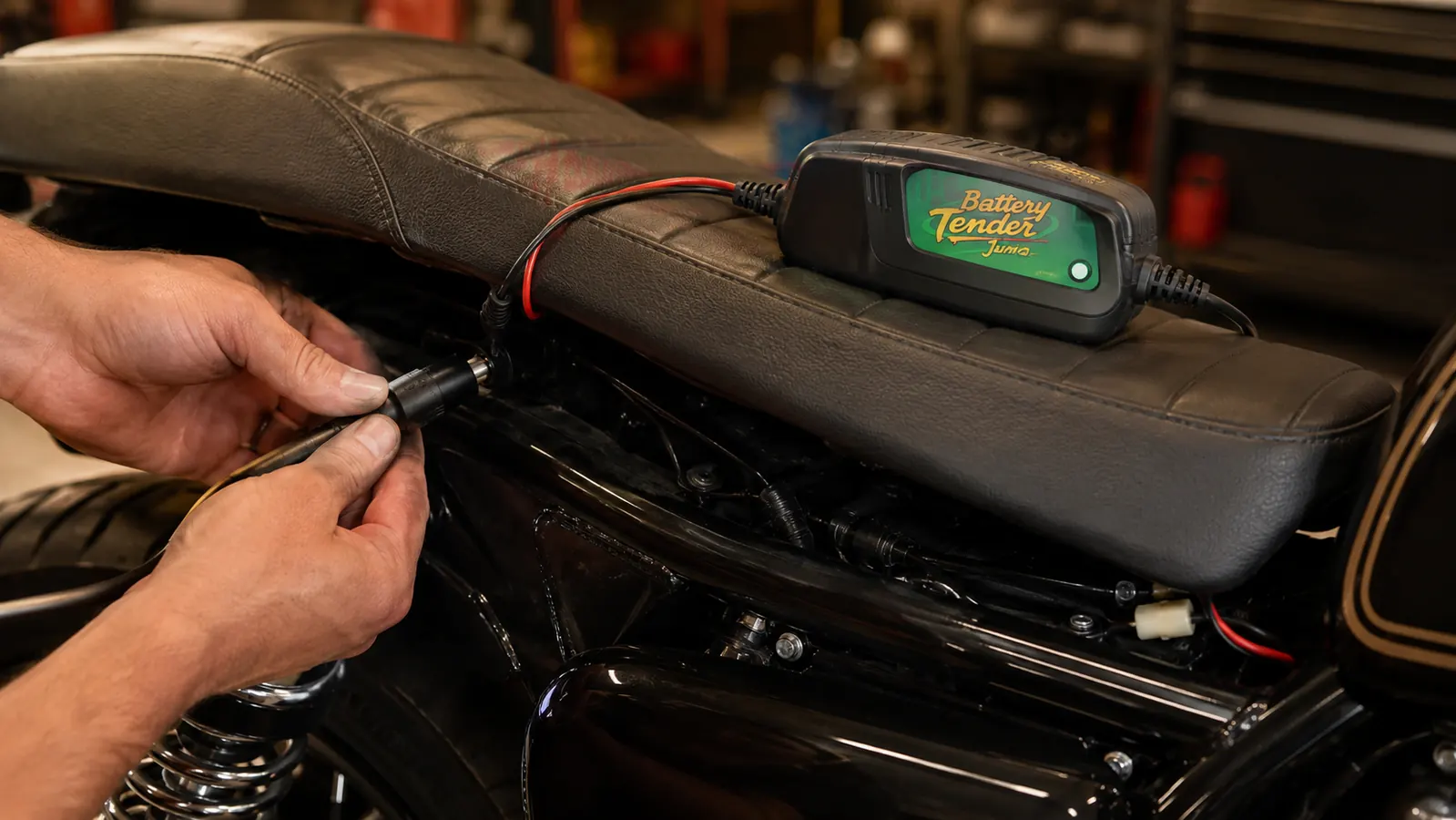 A hand plugging a small round maintainer connector into the harness tucked under a motorcycle seat