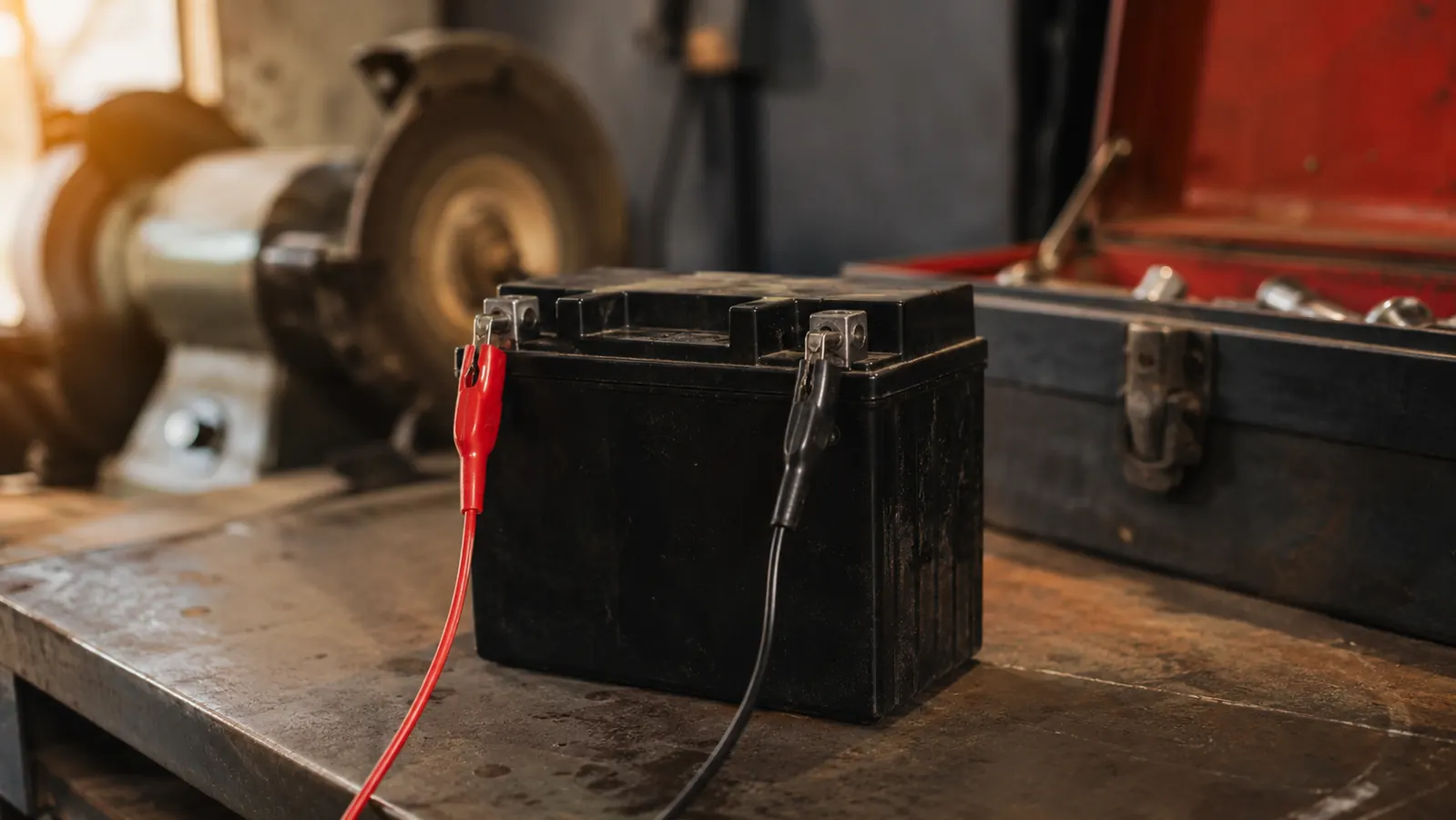A motorcycle battery on a workbench with red and black charger leads clipped to the terminals