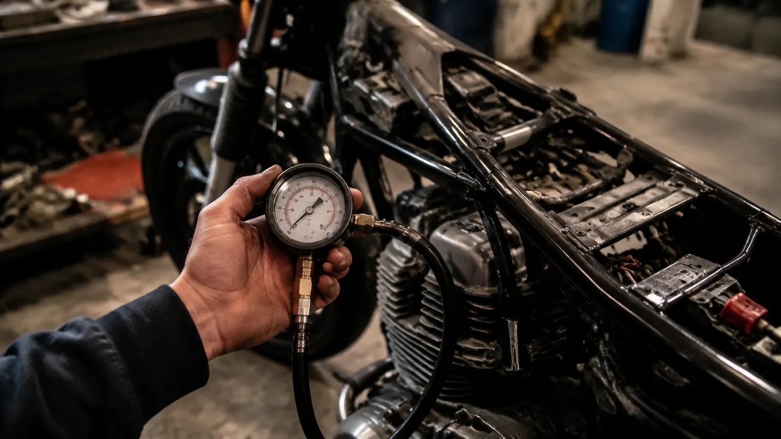 A close-up of a hand reading the needle on a compression gauge, a motorcycle in the background with its tank and seat removed