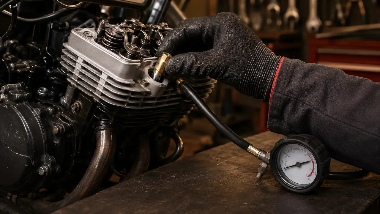 A hand in a mechanic's glove threading the adapter of a compression tester hose into an open spark plug hole on a motorcycle cylinder head on the bench