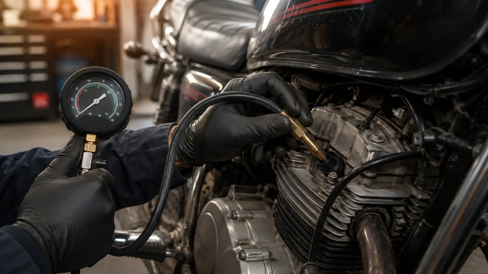 A gloved hand holding a compression tester firmly into a spark plug hole on a motorcycle cylinder, the hose trailing toward a gauge, soft morning shop light