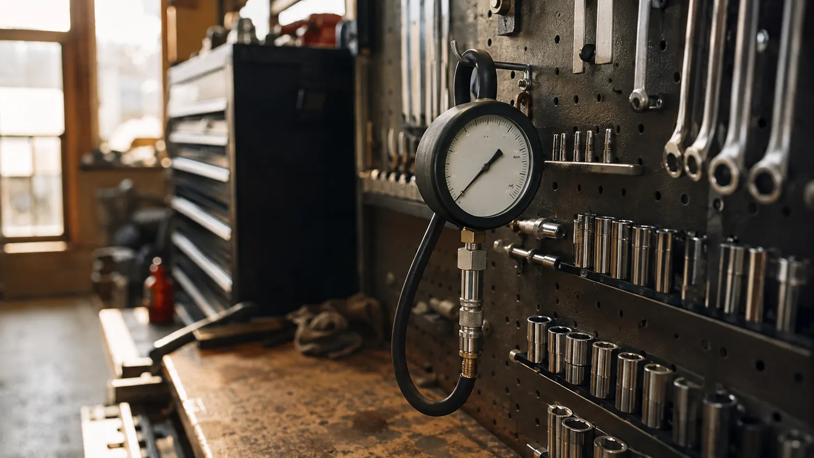 A compression tester and its hose hanging on a metal pegboard hook in a garage next to sockets and a set of adapters, warm daylight from a window