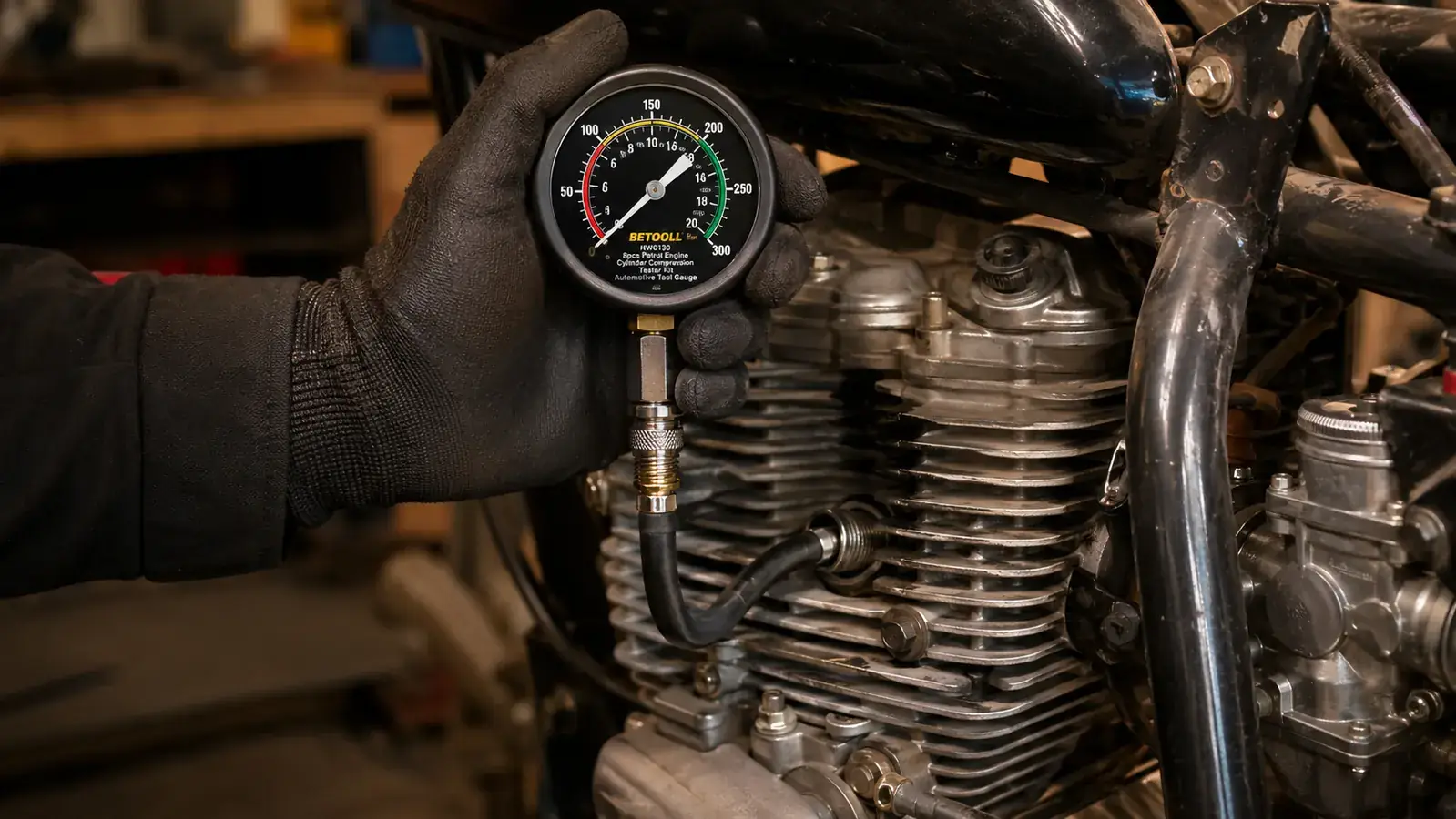 A hand in a mechanic's glove pressing a compression tester hose into a spark plug hole on a motorcycle engine, gauge held upright