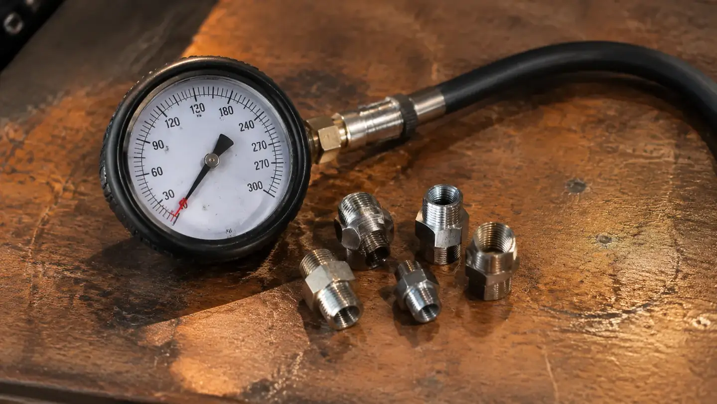 A close view of a compression tester gauge dial and hose on a bench with a set of spark plug thread adapters
