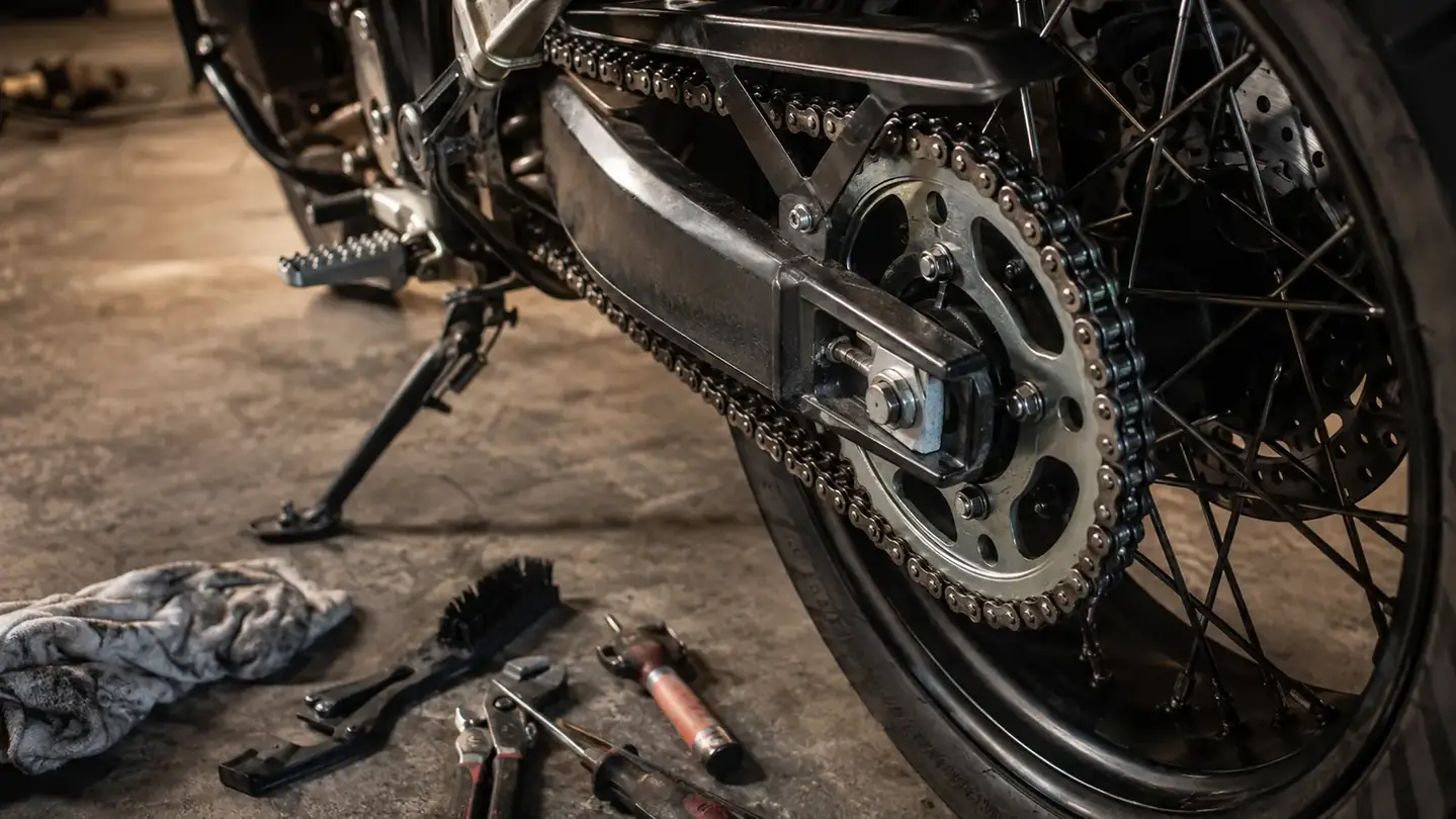 Close view of a freshly cleaned motorcycle drive chain and rear sprocket with tools laid flat on the concrete, no bike in frame