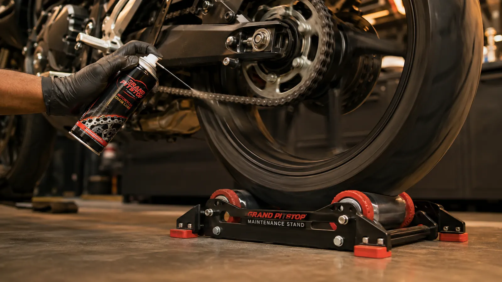 A gloved hand spraying chain lube onto the rear motorcycle chain while the wheel spins freely on a roller stand