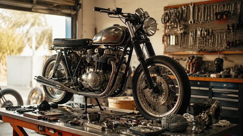 A custom motorcycle build on a maintenance stand inside a clean workshop with tools hung on a pegboard