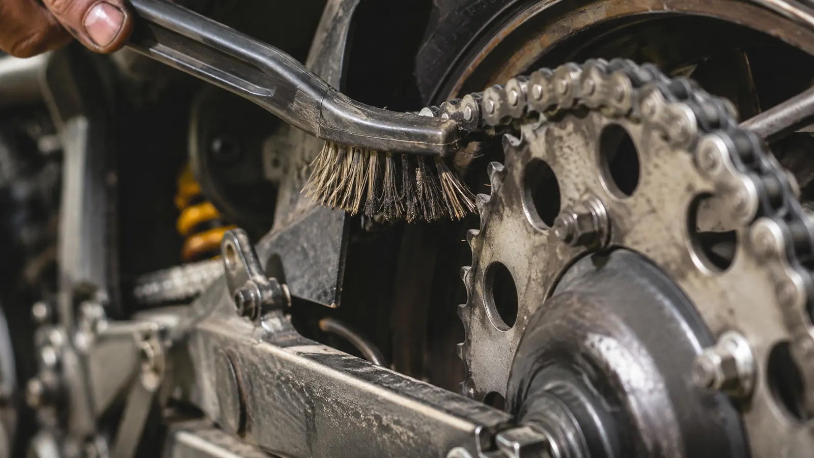 Close-up of a stiff brush working into the side plates and rollers of a motorcycle chain on a sprocket