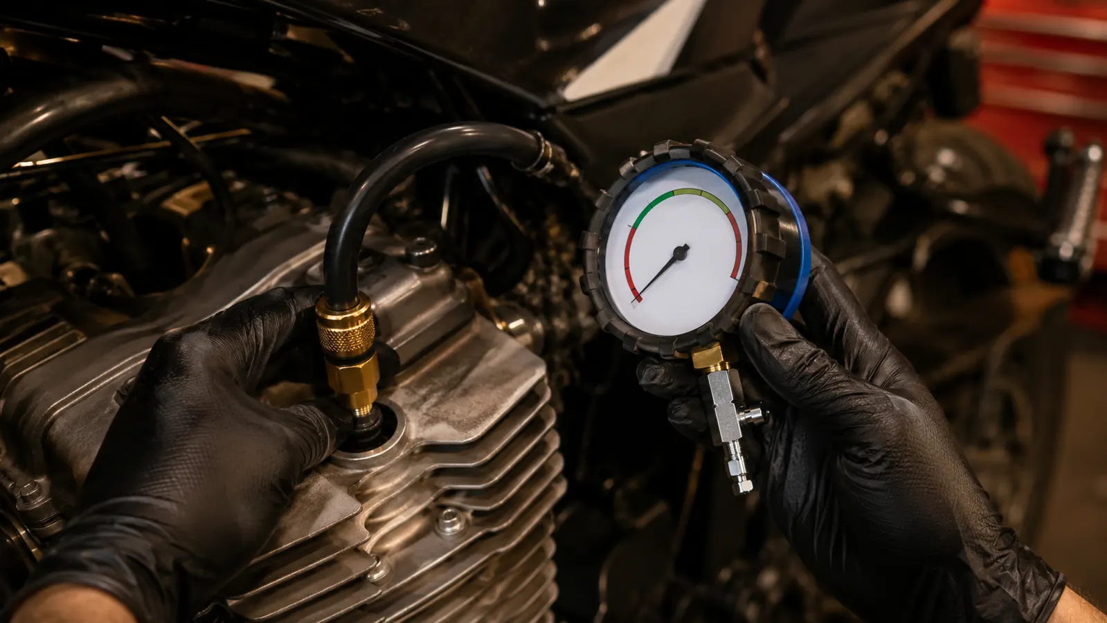 A gloved hand pressing the rubber hose adapter of a compact hand-held compression gauge firmly into the open spark plug hole of a motorcycle cylinder head, the gauge held up in the other hand