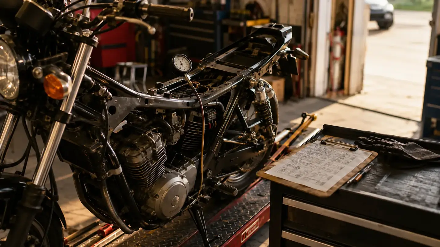 A motorcycle on a low shop lift with the fuel tank off, a compression tester gauge resting on the frame rail and a clipboard holding a printed spec sheet sitting on a rolling toolbox beside it