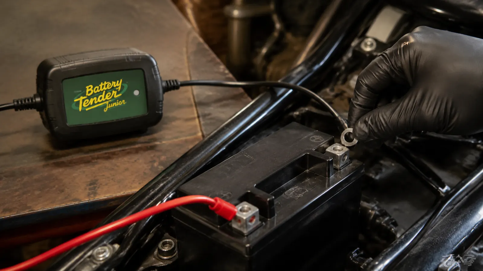 A gloved hand sliding the ring-terminal harness of a battery maintainer onto a motorcycle battery post, the red and black leads running clear