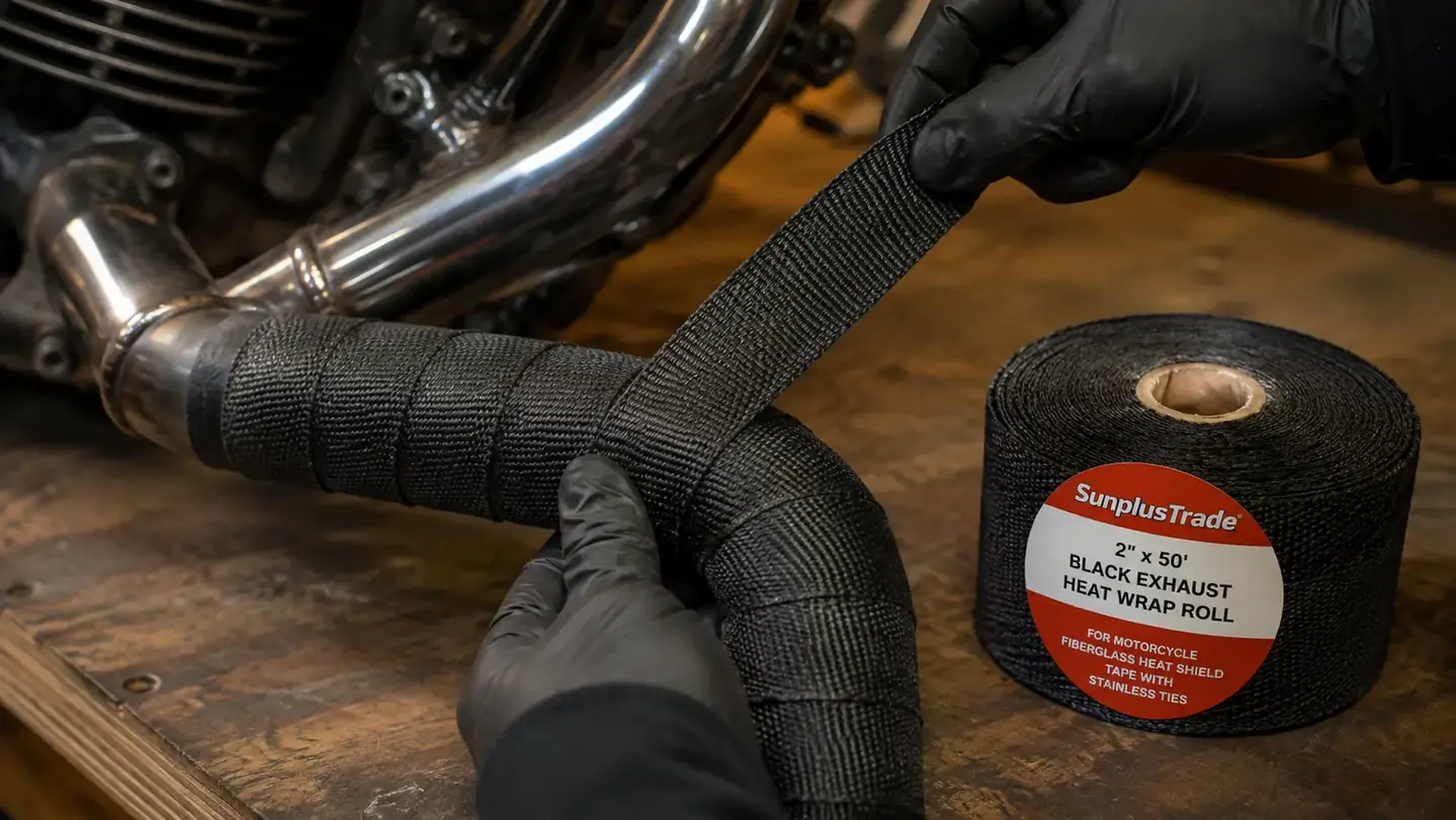 A gloved hand pulling black heat wrap tape in an even overlapping spiral around a header pipe