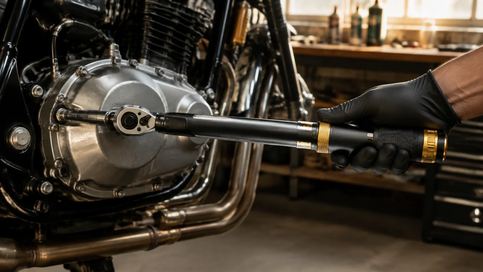 A gloved hand pulling a click torque wrench square on a bolt head against a motorcycle engine case as the wrench is about to click, shop bench softly lit behind