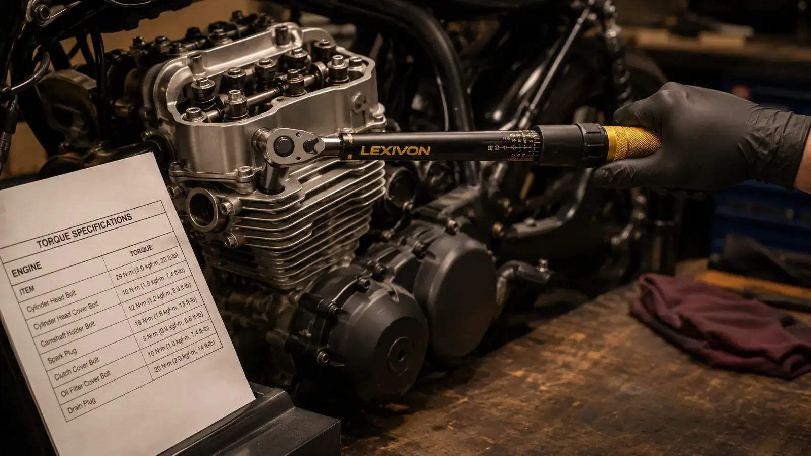 A gloved hand working a click-type torque wrench on a head bolt of a motorcycle engine on a bench, a torque specification chart visible nearby