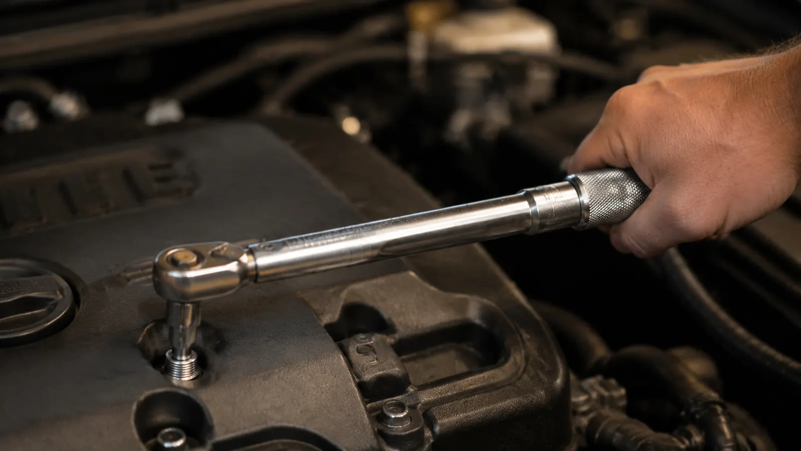 A close-up of a hand holding a click-type torque wrench, the barrel scale showing the torque setting, an engine cover bolt in the background
