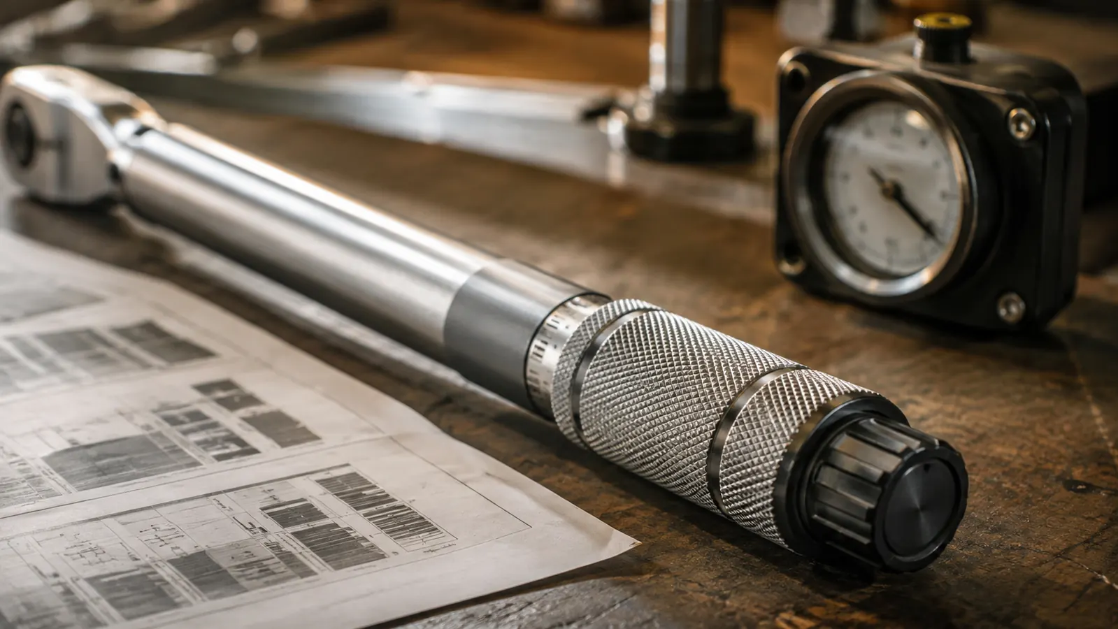 A close view of a torque wrench handle and adjustment collar on a bench with a printed torque spec page