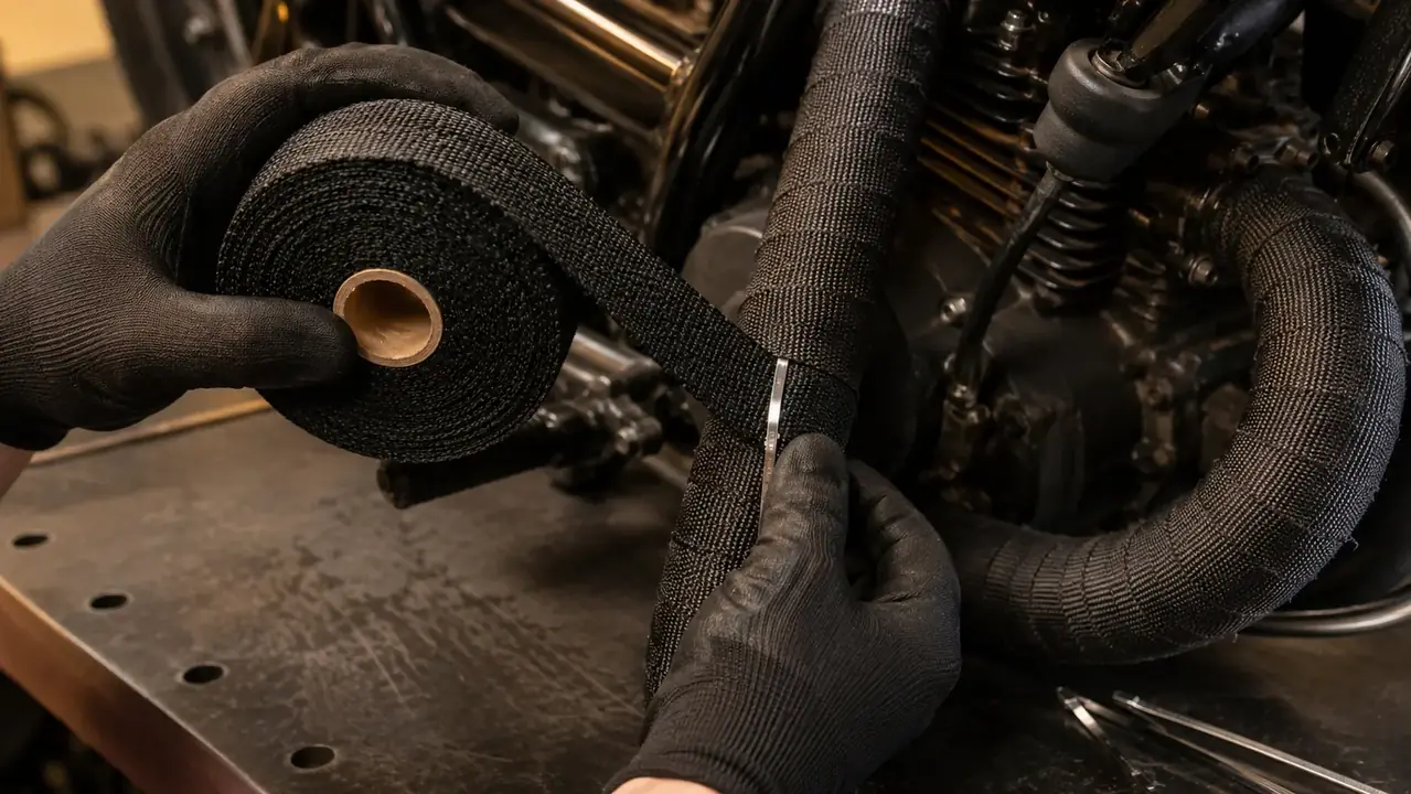 A gloved hand laying a strip of black fiberglass wrap over an exhaust pipe with a rolled end held flat against the header