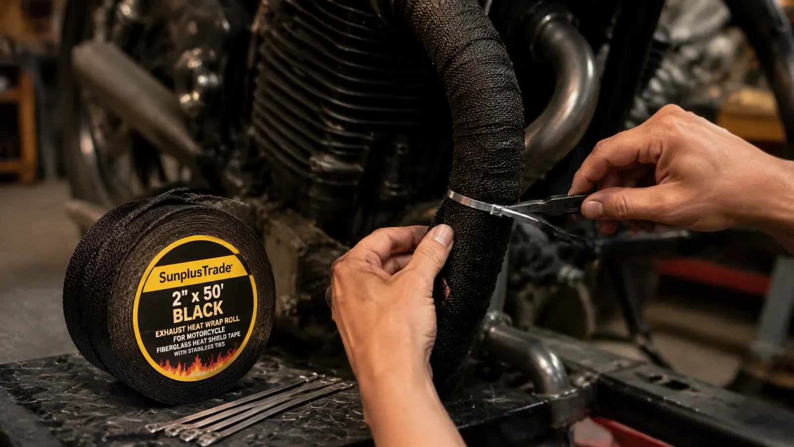 Hands pulling black fiberglass exhaust wrap tight around a header pipe, a stainless steel tie being crimped with pliers