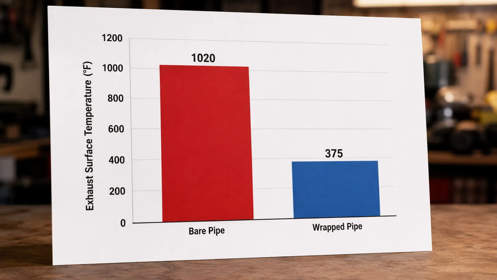 Two side-by-side bars on a simple chart comparing exhaust surface temperature, wrapped pipe reading clearly lower than bare pipe