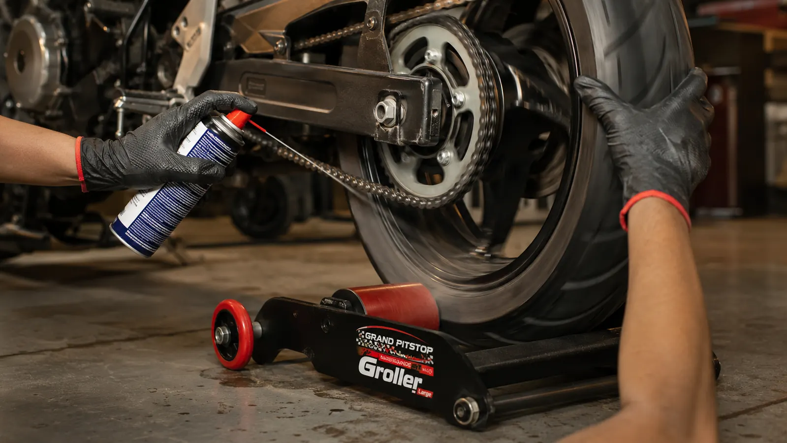 A gloved hand rotating a rear wheel that sits on a roller stand while the other hand applies chain lube to the links